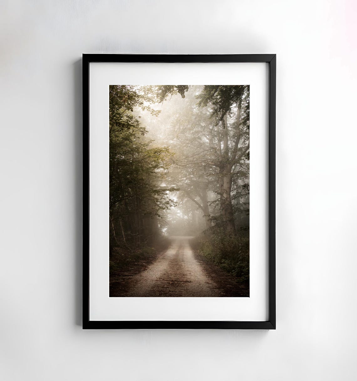 Fog-Lit Forest Dirt Path Vanishing into the Morning Mist Poster