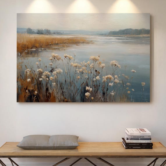 Tranquil Lake Landscape Canvas Wall Art Serene Marshland With Wildflowers Water Reflections Nature Oil Painting Style Home Dcor