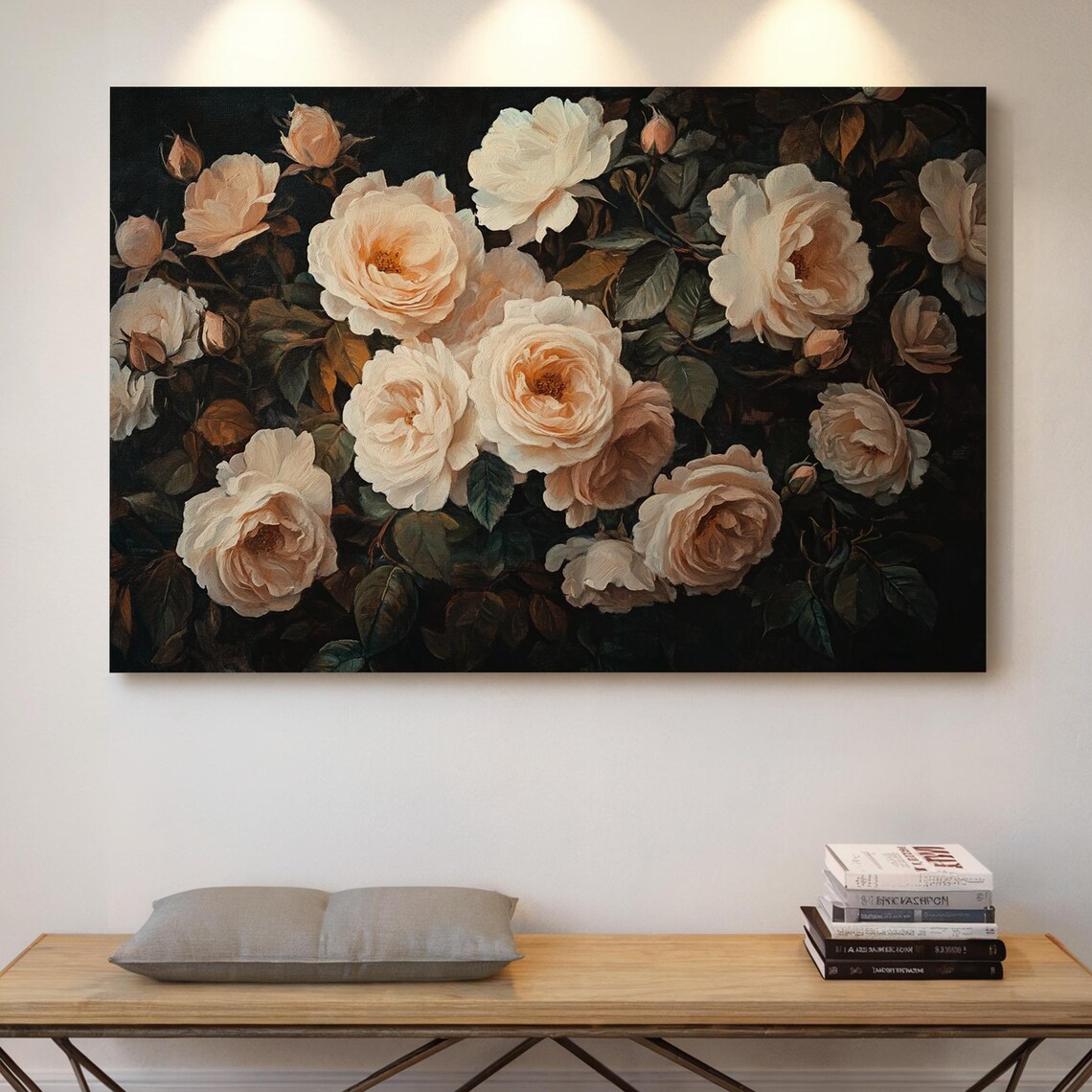 Cream Roses Abundant Blooms On Black Vintage Dark Floral Poster