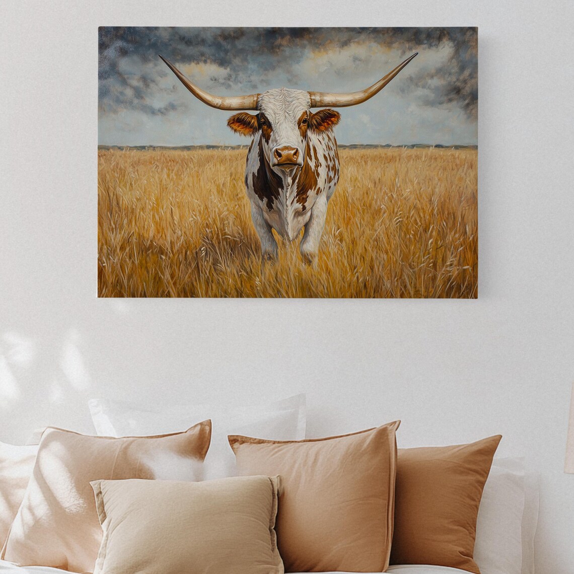 Texas Longhorn Cow Standing in Golden Wheat Field Western Poster
