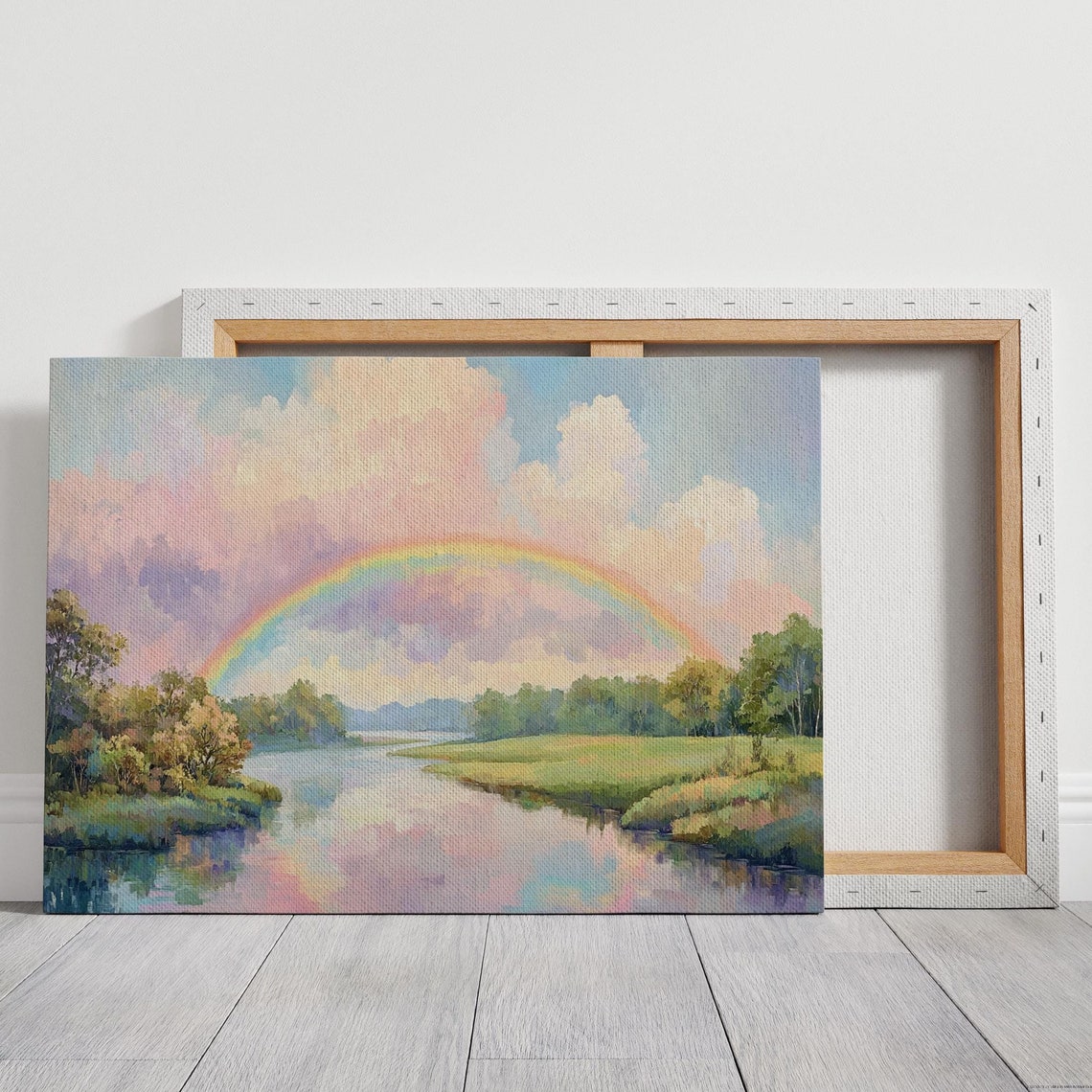 Vivid Rainbow Over Peaceful River Pastel Landscape Painting Poster