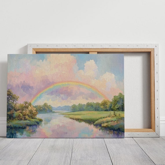 Vivid Rainbow Over Peaceful River Wall Art Nature Inspired Hangable Artwork For Home And Office Dcor