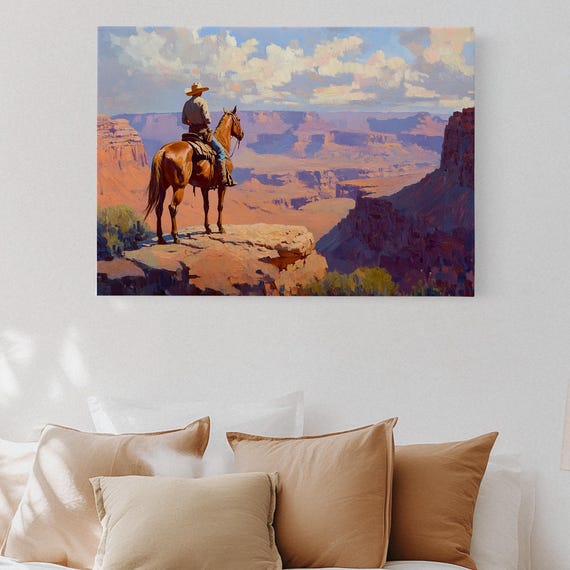 Cowboy On Horseback In Canyon Landscape Western Desert Canvas Wall Art Rustic Southwest Painting For Ranch Lodge Or Cabin Decor