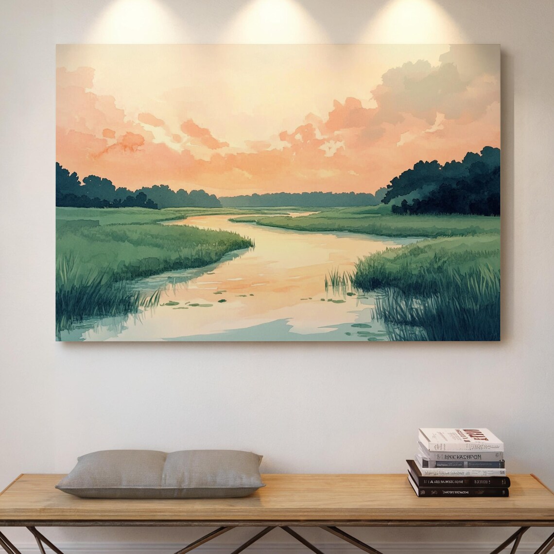River Sunset Landscape, Watercolor-Style Nature Art Print