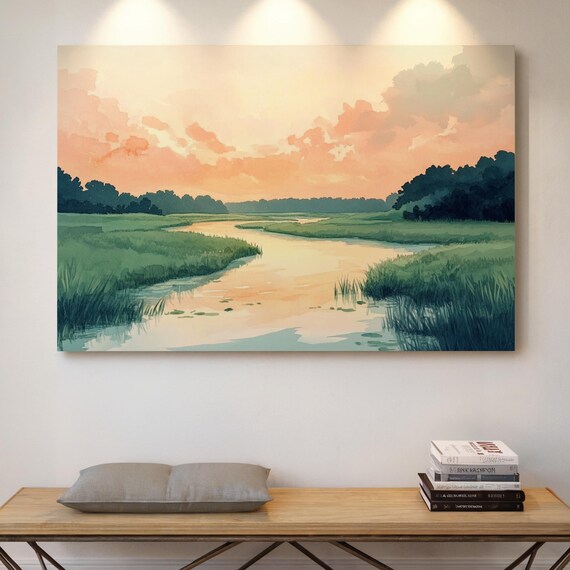 River Sunset Landscape, Watercolor-Style Nature Art Print