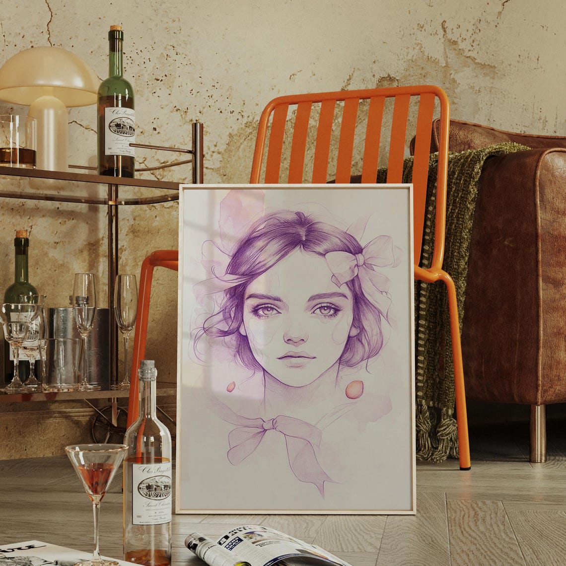 Lavender Ink Portrait Of Woman With Ribbons Romantic Sketch Poster
