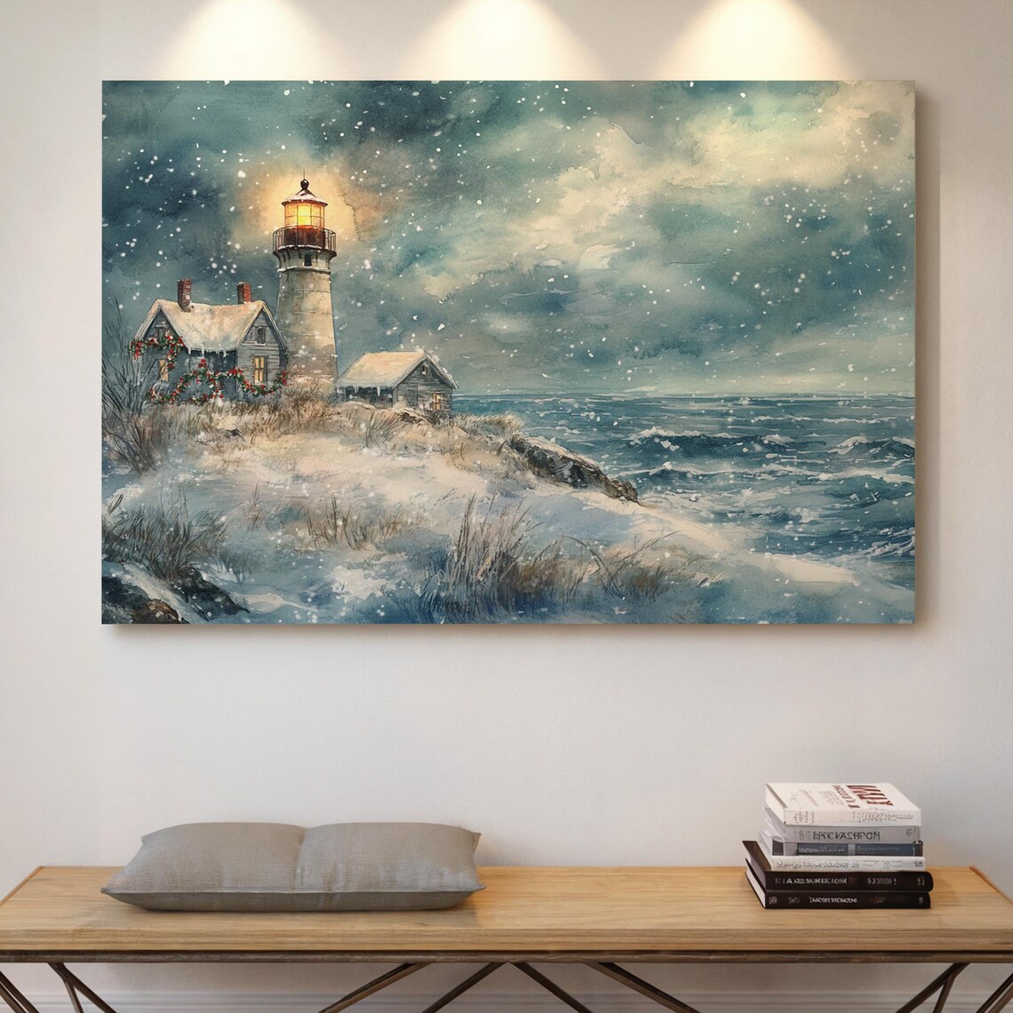 Snowy Coastal Lighthouse Night Watercolor Christmas Holiday Poster