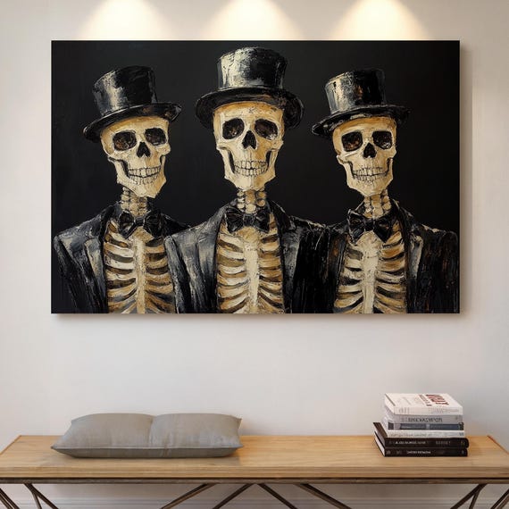 Three Skeletons In Top Hats Canvas Wall Art Gothic Halloween Decor Elegant Macabre Skeleton Painting Dark Artwork For Home