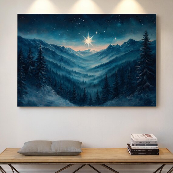 Star of Bethlehem Over Snowy Mountain Night Sky Christmas Poster