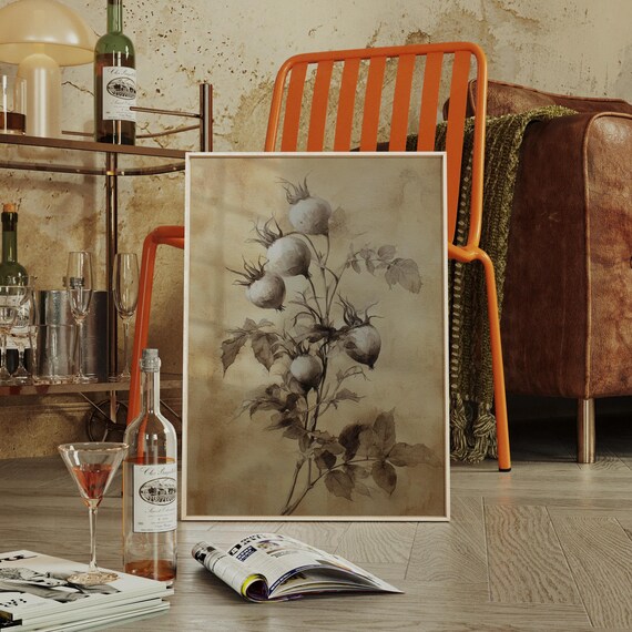 Vintage Rosehip Botanical Sepia Wall Art