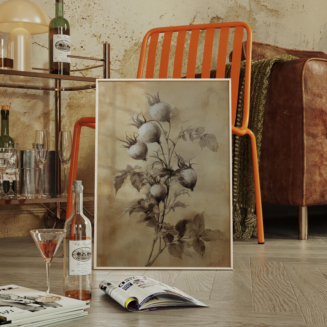 Vintage Rosehip Botanical Sepia Wall Art