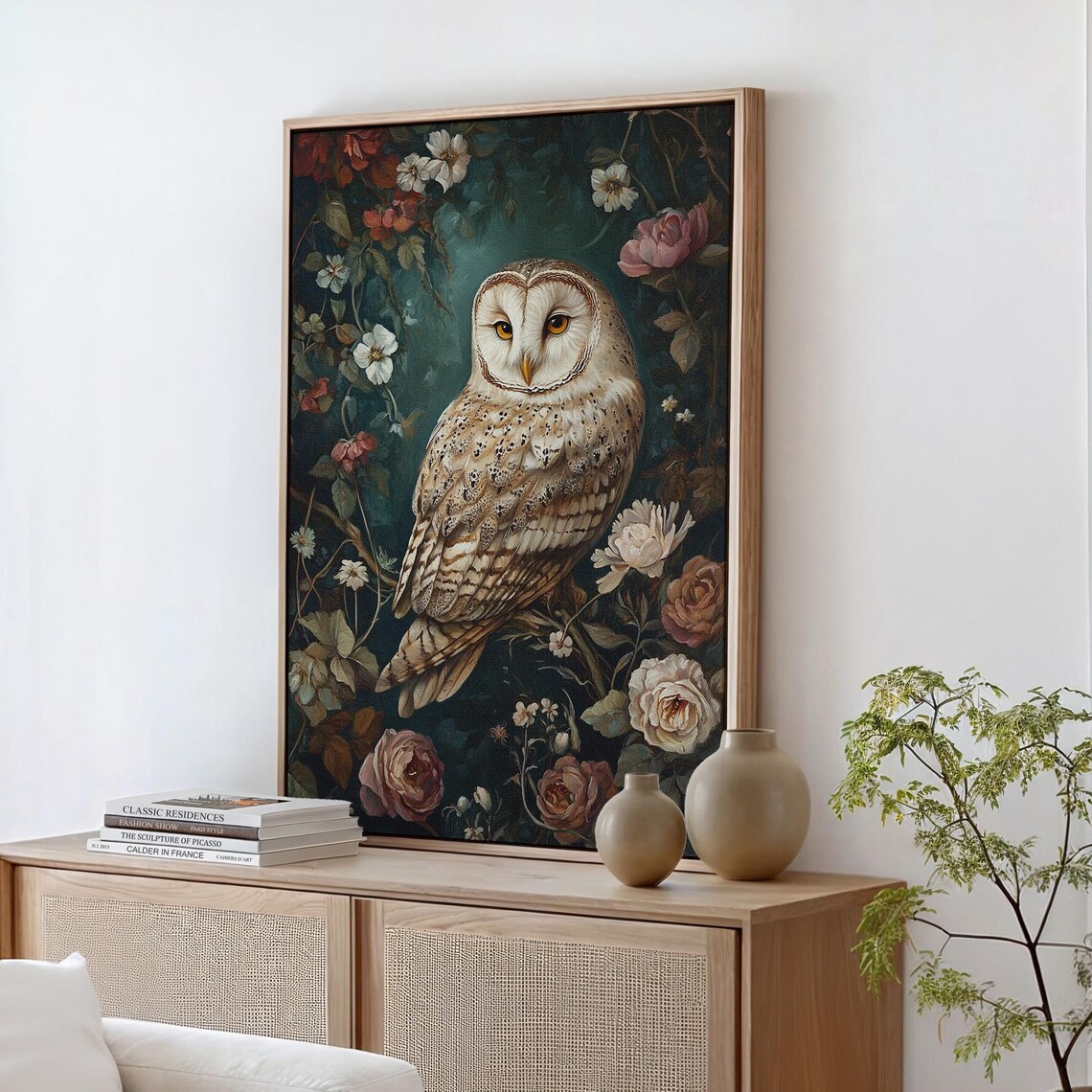 Barn Owl Among Roses Vintage Floral Woodland Wildlife Poster