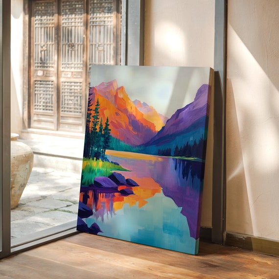 Bright Abstract Mountain Lake Bold Nature Wall Art Modern Scenic Landscape Decor With Vibrant Colors
