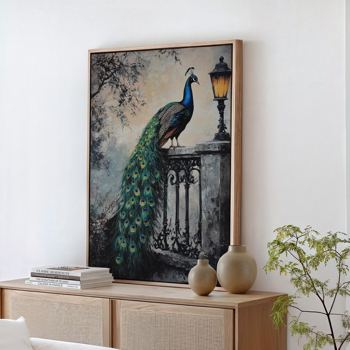 Elegant Peacock On Stone Ledge Beside Antique Lamp Art Poster