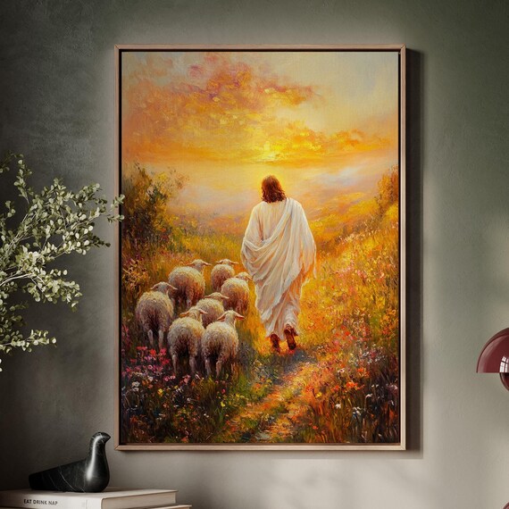 Jesus Leading His Flock Through a Wildflower Meadow at Golden Sunset Poster