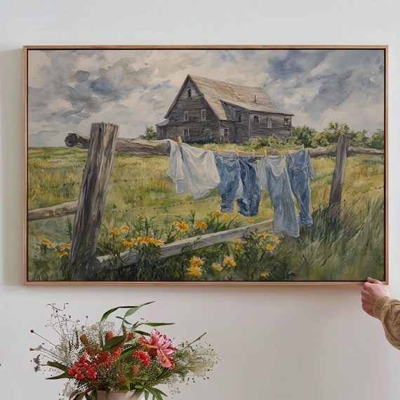 Rustic Farmhouse Laundry Scene Charming Watercolor Wall Art For Vintage Inspired Home And Country Farmhouse Decor