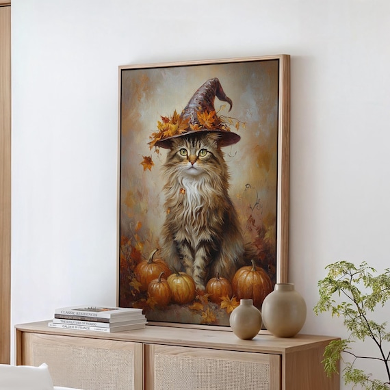 Fluffy Cat in Witch Hat with Pumpkins Autumn Fall Halloween Art Poster