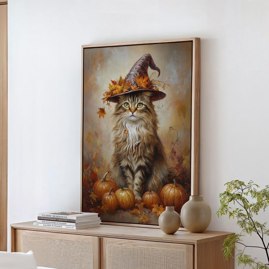 Fluffy Cat in Witch Hat with Pumpkins Autumn Fall Halloween Art Poster