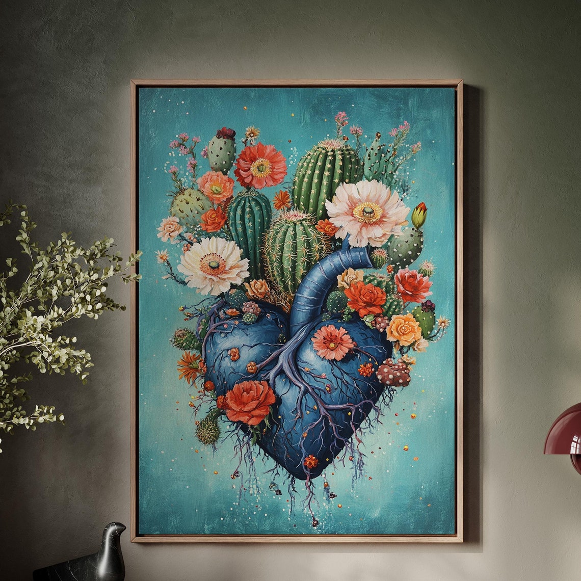 Blue Anatomical Heart Cactus Bloom Botanical Desert Art Poster