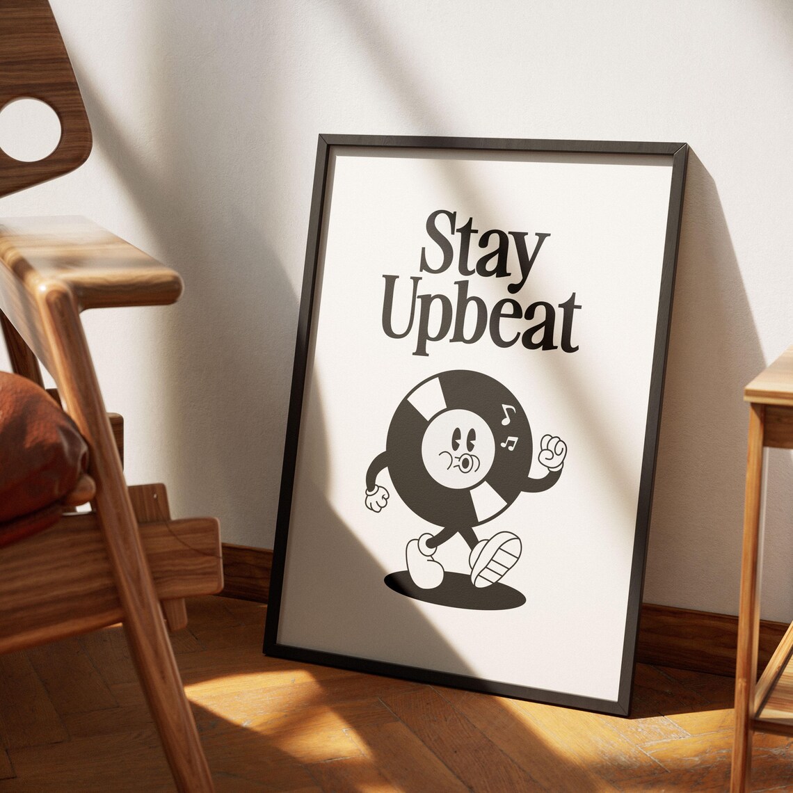 Stay Upbeat Retro Vinyl Record Mascot Quote Poster Black And White