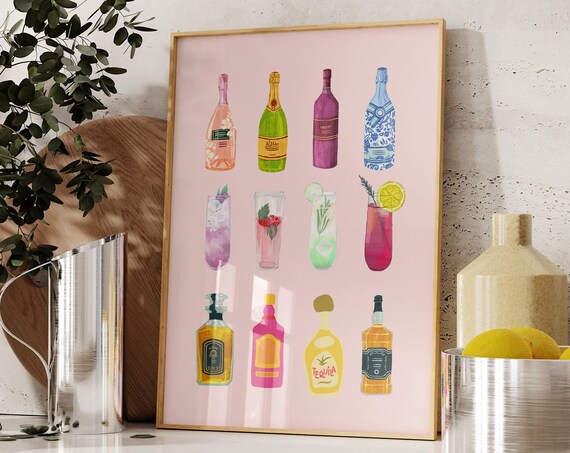 Retro Champagne Bottles Pink Cocktail Collection Bar Cart Poster