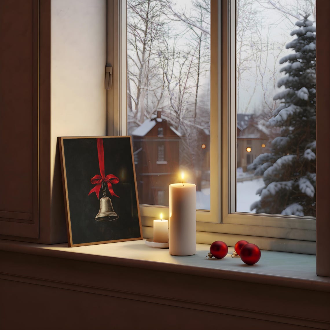 Antique Brass Bell Red Ribbon Poster Moody Dark Christmas Decor - Image 3