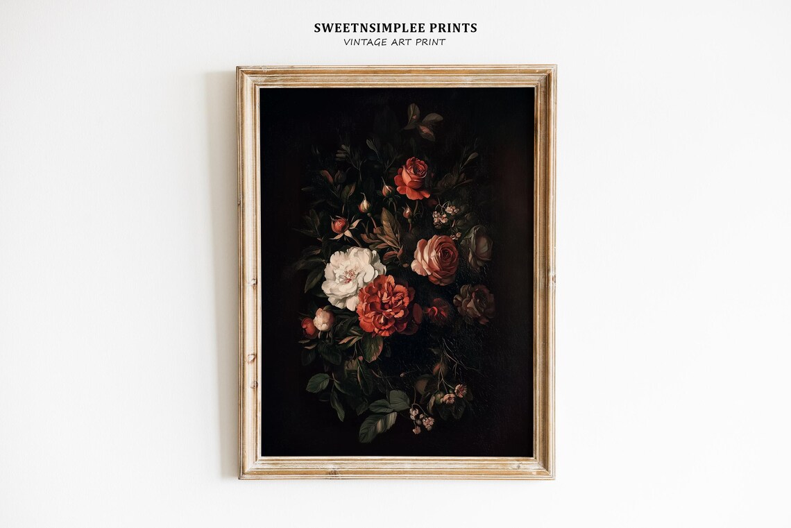 Moody Dark Floral Oil Painting Roses Black Victorian Vintage Wall Art - Image 2