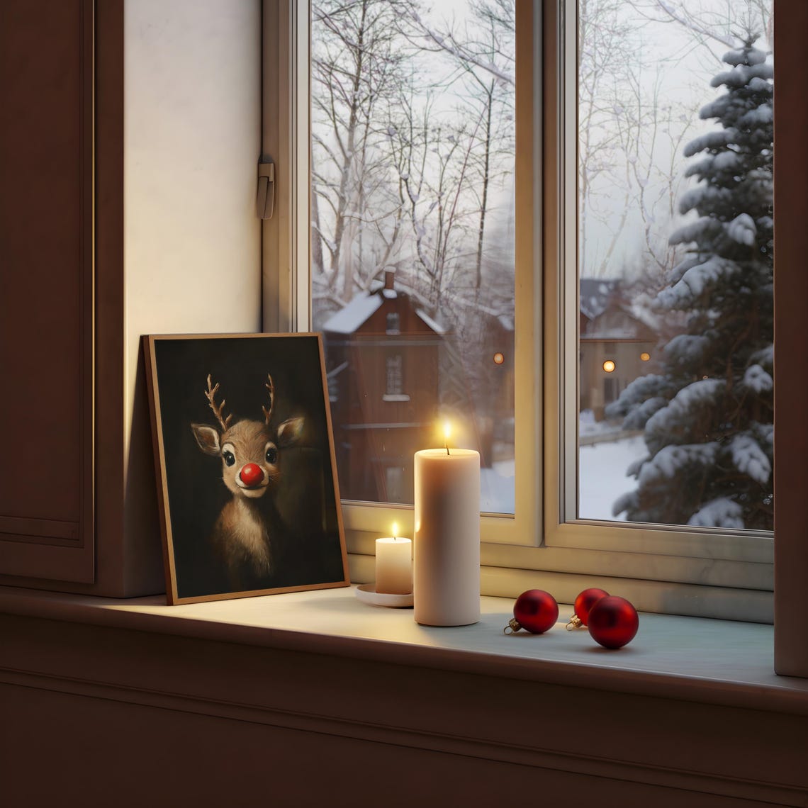 Rudolph Red-Nosed Reindeer Portrait Vintage Oil Painting Poster - Image 3