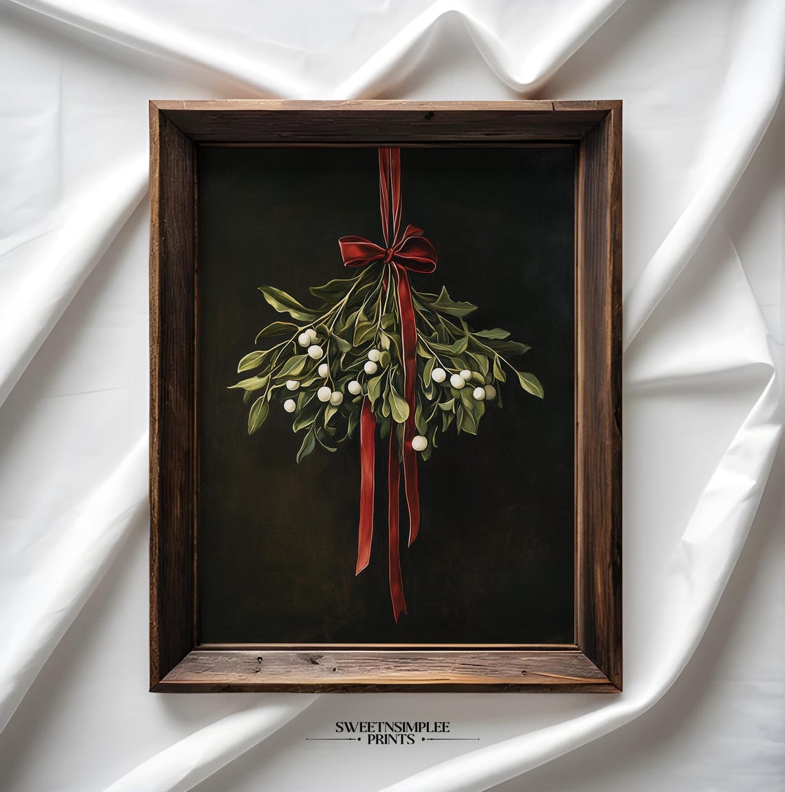 Mistletoe With Red Ribbon And White Berries Moody Botanical Poster - Image 2