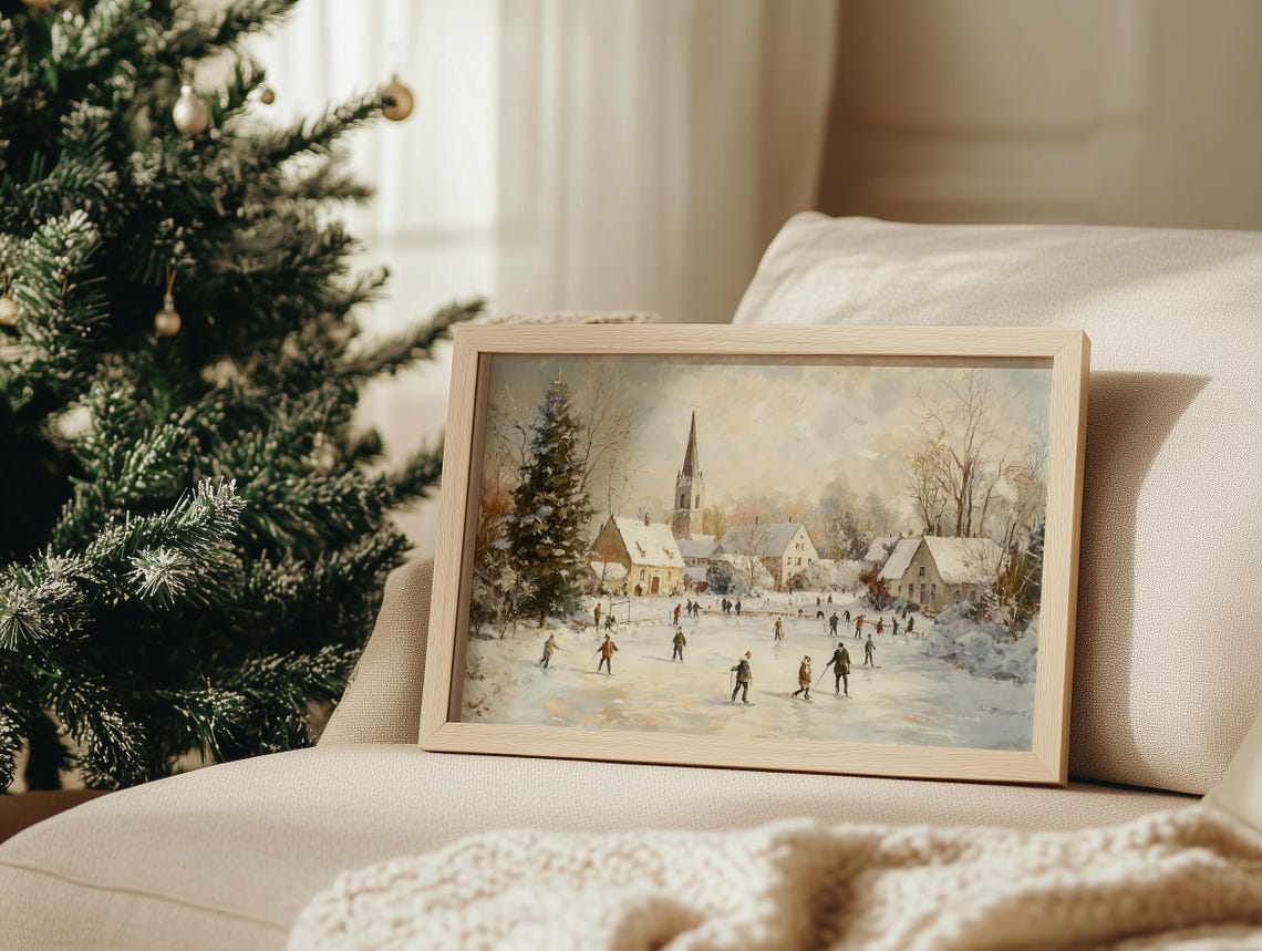 Vintage Winter Village Ice Skating Pond With Church Painting Poster - Image 3