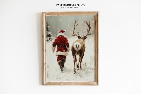 Santa and Reindeer Walking in Snow Poster Vintage Christmas Painting