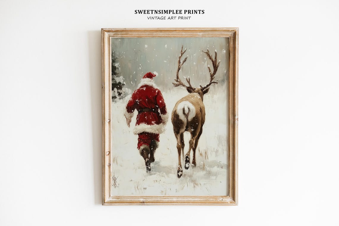 Santa and Reindeer Walking in Snow Poster Vintage Christmas Painting