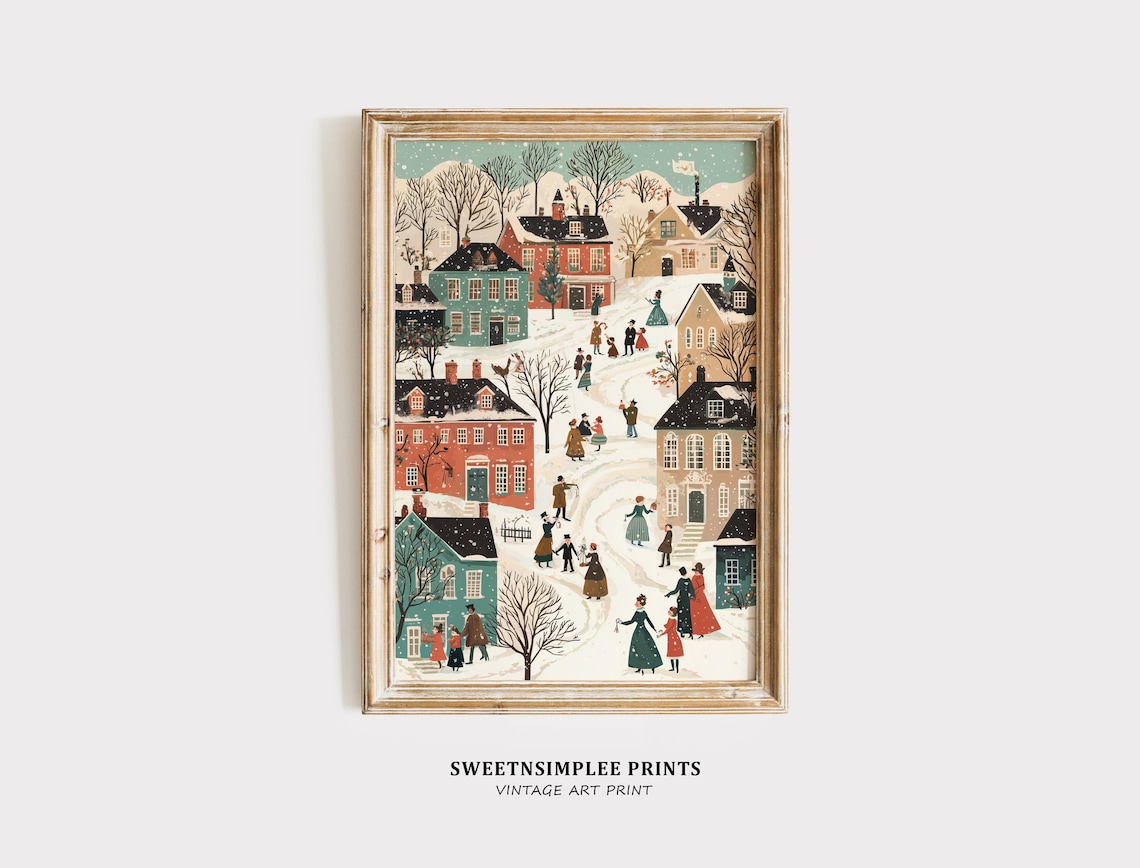 Cozy Snowy Christmas Town Pastel Winter Street Sledding Scene Wall Art