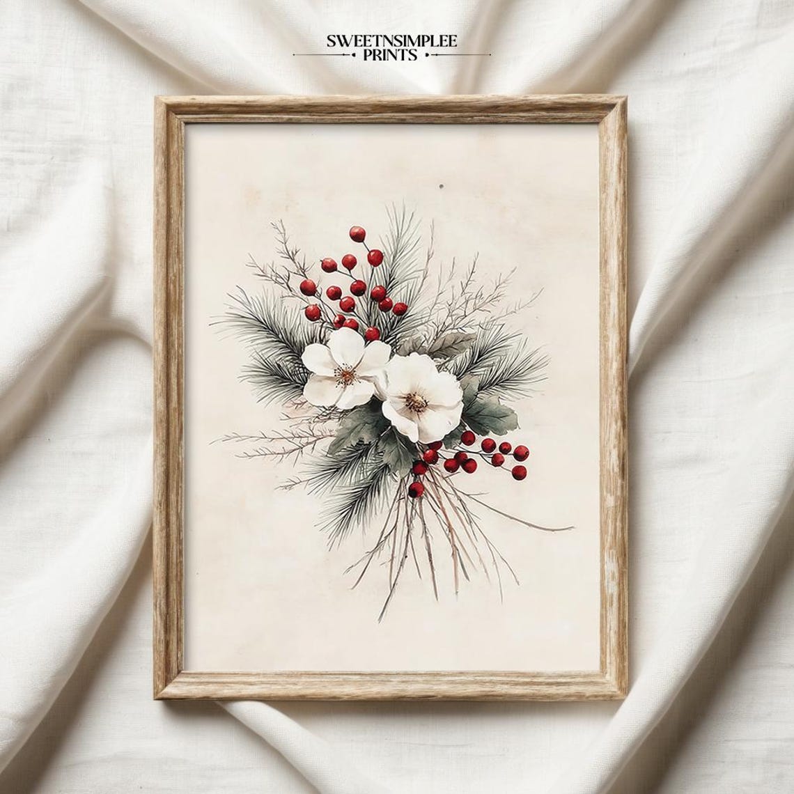 Vintage Winter Bouquet of White Flowers and Red Berries Poster - Image 2