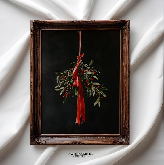 Vintage Mistletoe With Red Ribbon and Berries on Black Poster