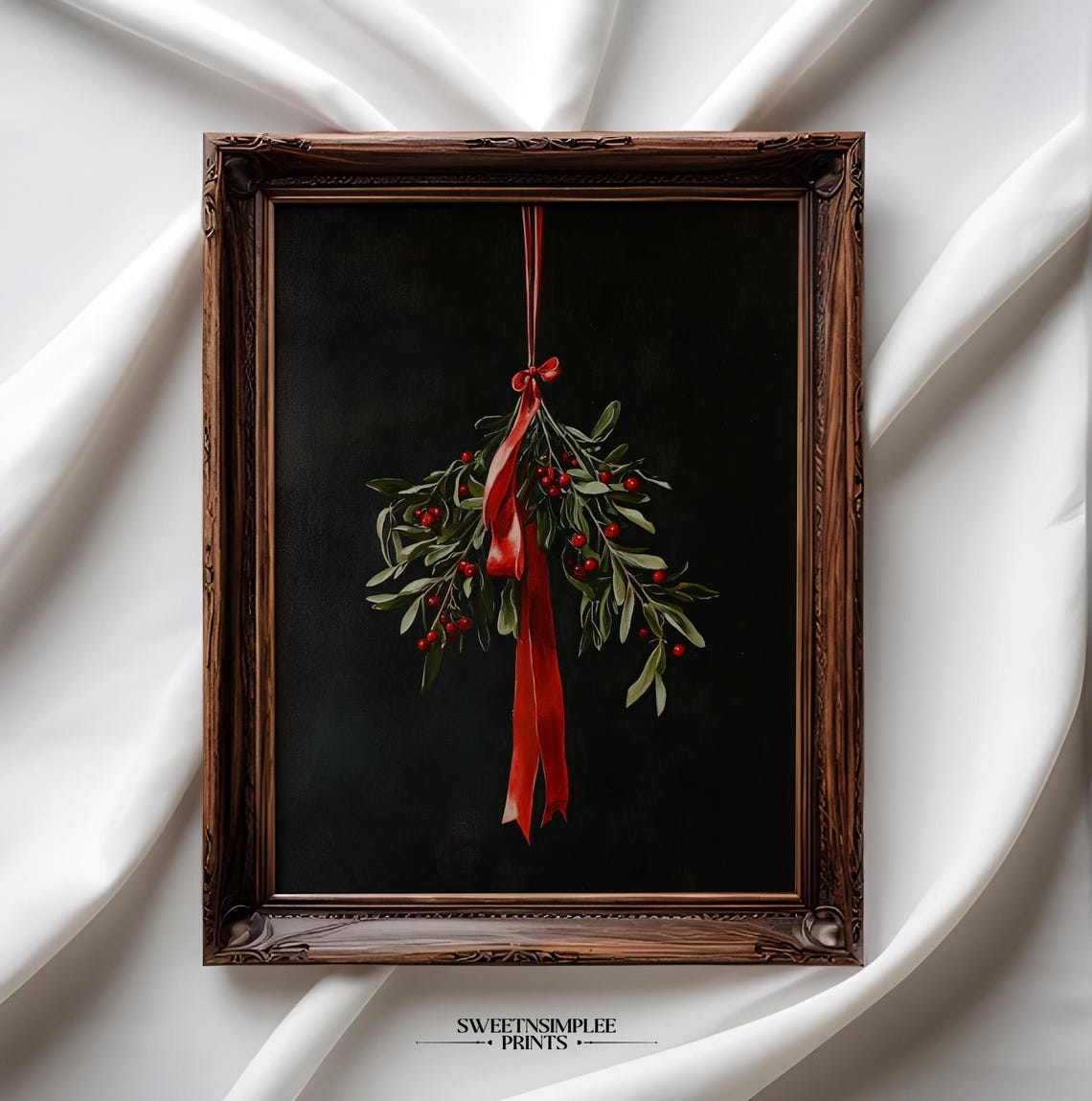 Vintage Mistletoe With Red Ribbon and Berries on Black Poster