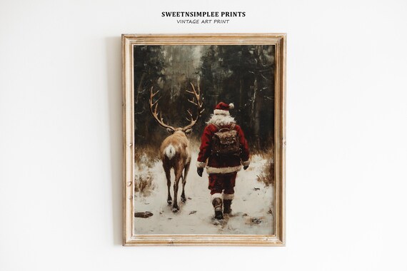 Vintage Santa Claus Walking With Reindeer in Snowy Woods Poster