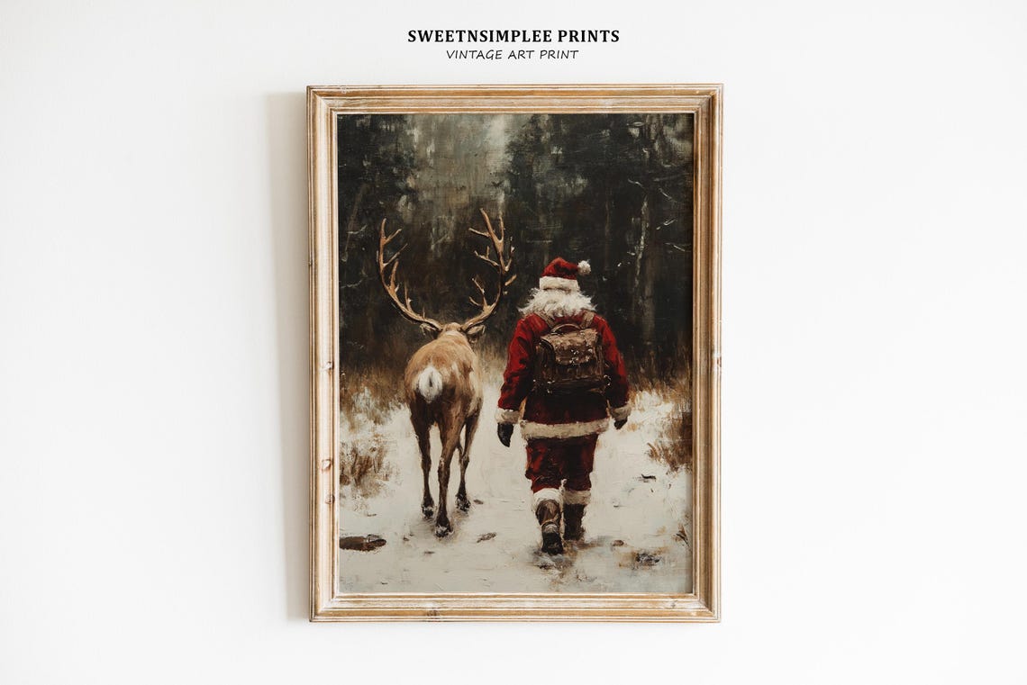 Vintage Santa Claus Walking With Reindeer in Snowy Woods Poster