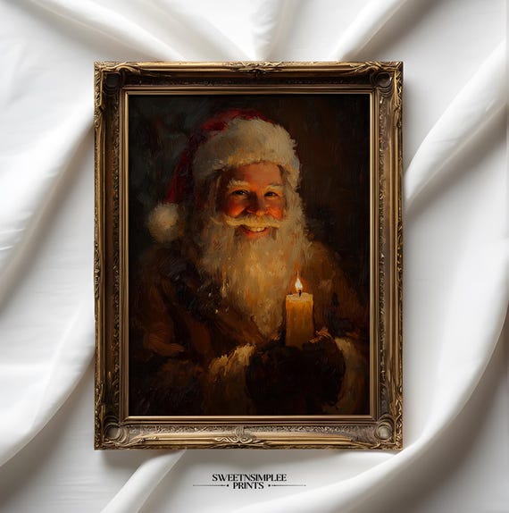 Moody Vintage Santa Wall Art Rustic Candlelit Santa Oil Painting Dark Christmas Decor Cottagecore Holiday 533
