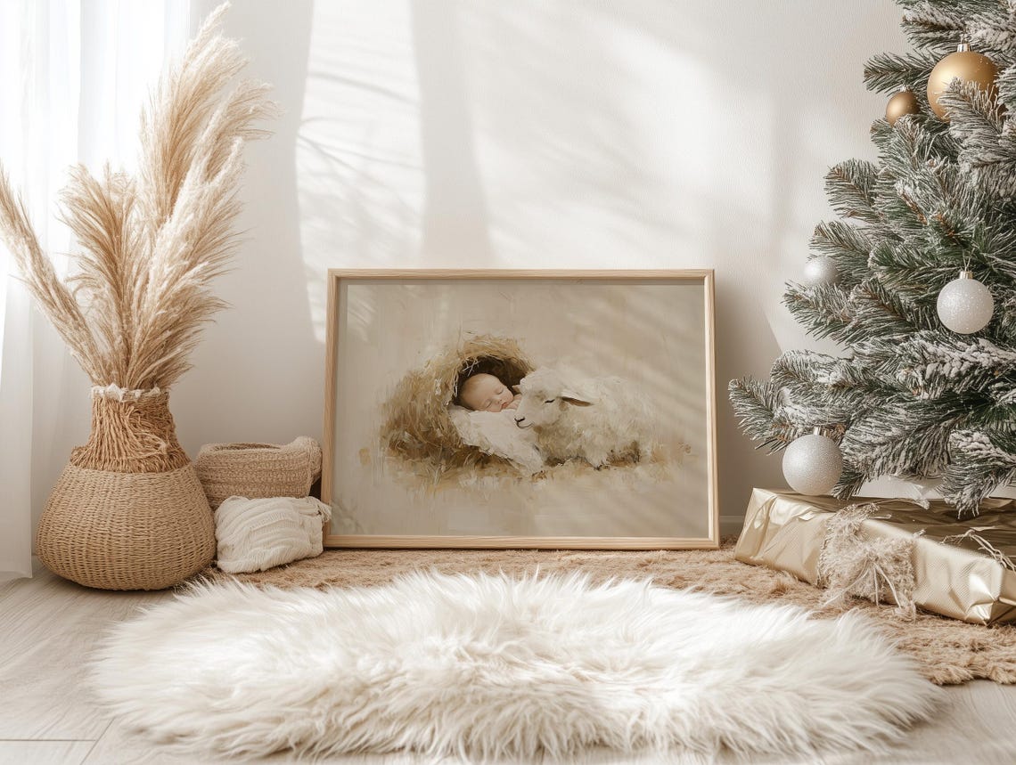 Vintage Nativity Scene Baby Jesus With Lamb Christian Christmas Poster - Image 3