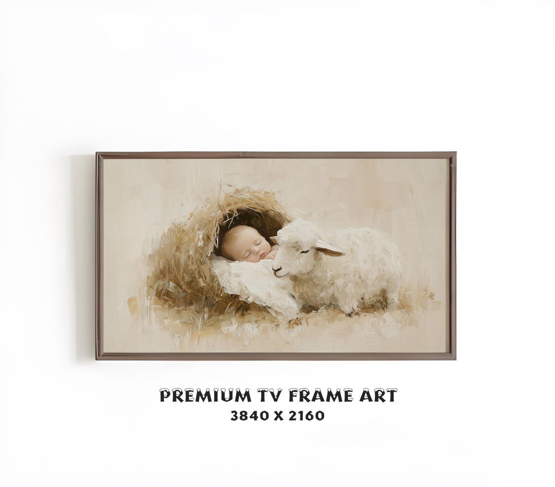 Baby Jesus in Manger With Lamb Neutral Nativity Christmas Wall Art