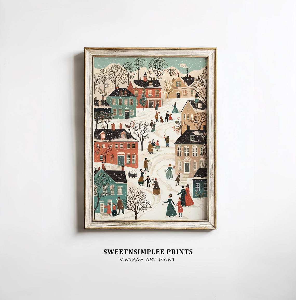 Cozy Snowy Christmas Town Pastel Winter Street Sledding Scene Wall Art - Image 2