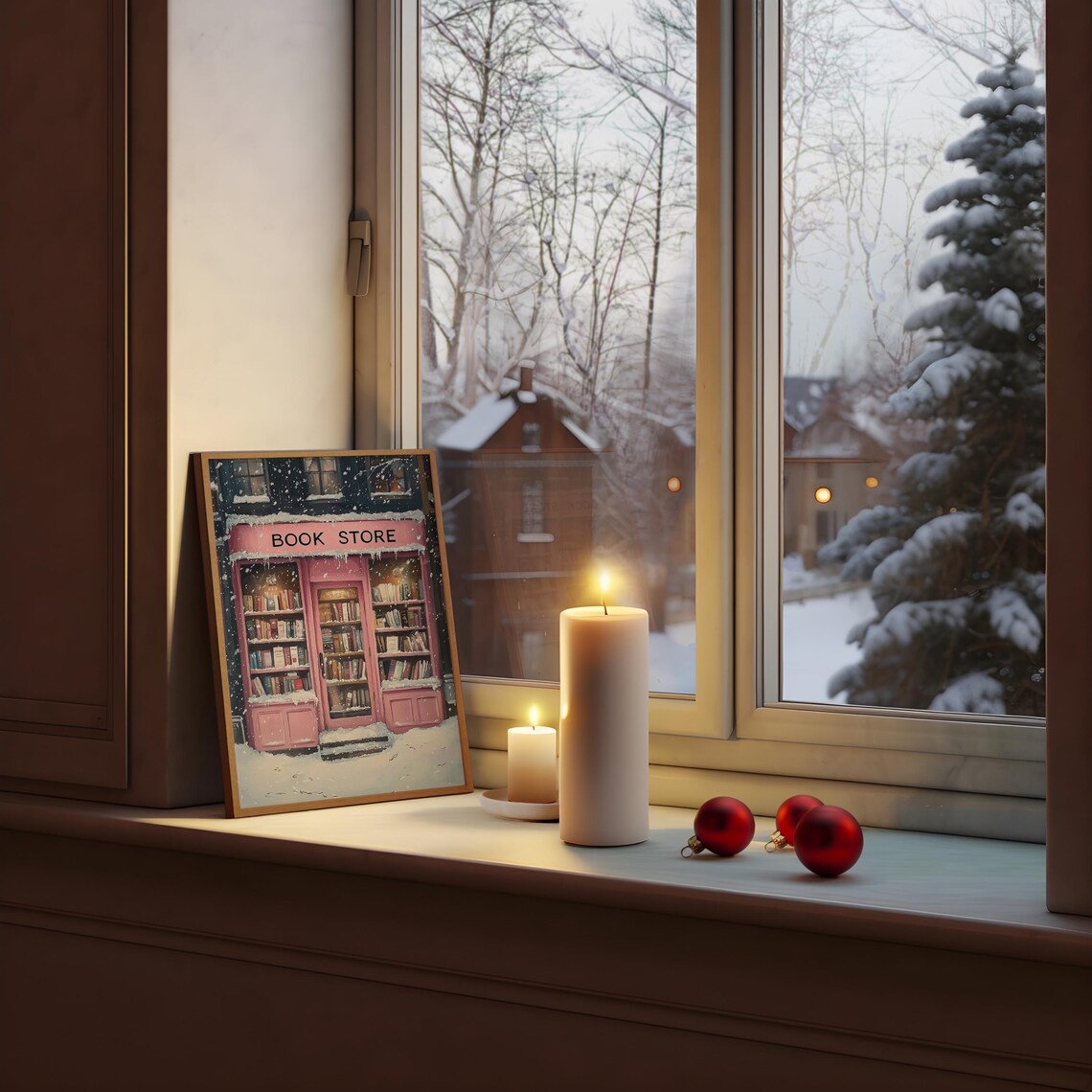 Pink Bookstore in Snow Poster Cozy Winter Bookshop Holiday Decor - Image 3