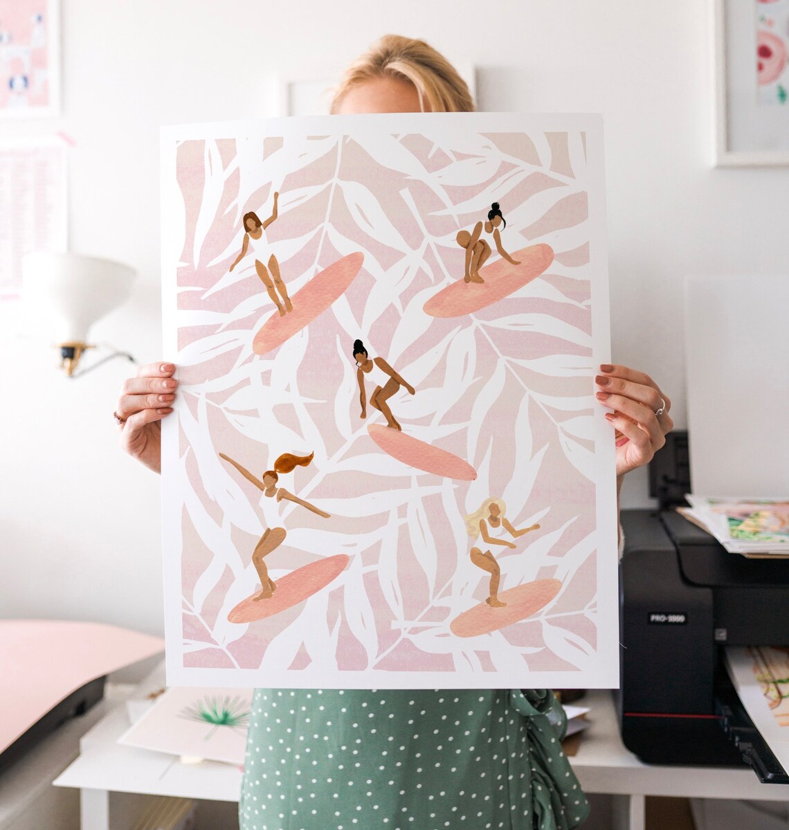 Women Surfing Tropical Ocean Art Print, Pink Style - Image 2
