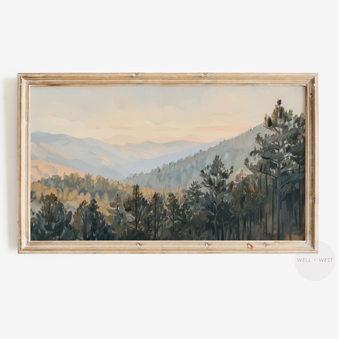 Misty Pine Forest Mountain Sunrise Pastel Vintage Travel Poster