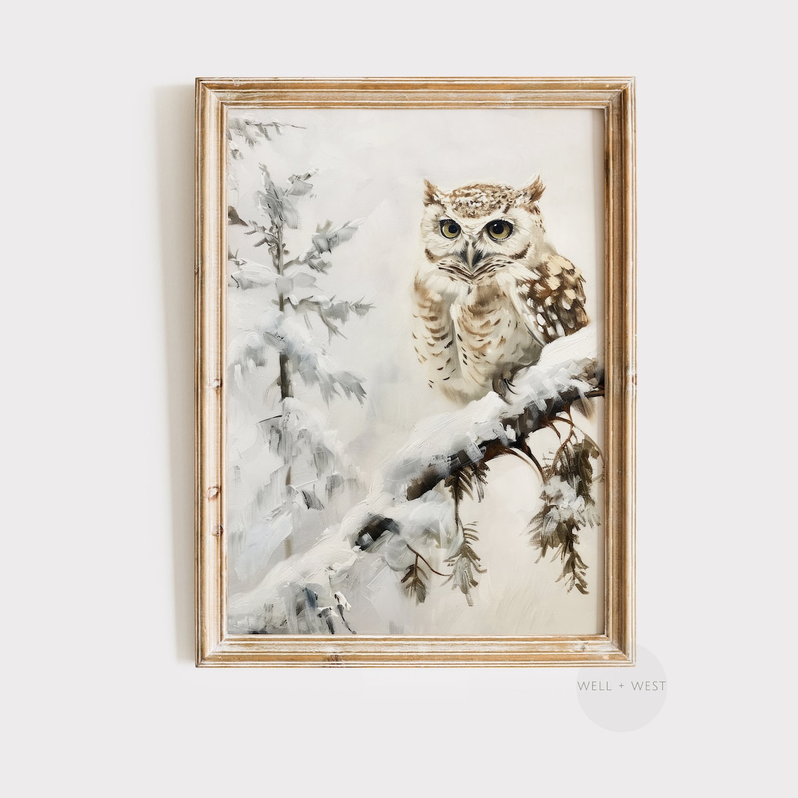 Winter Owl On Snowy Branch Vintage Neutral Oil Painting Art Print
