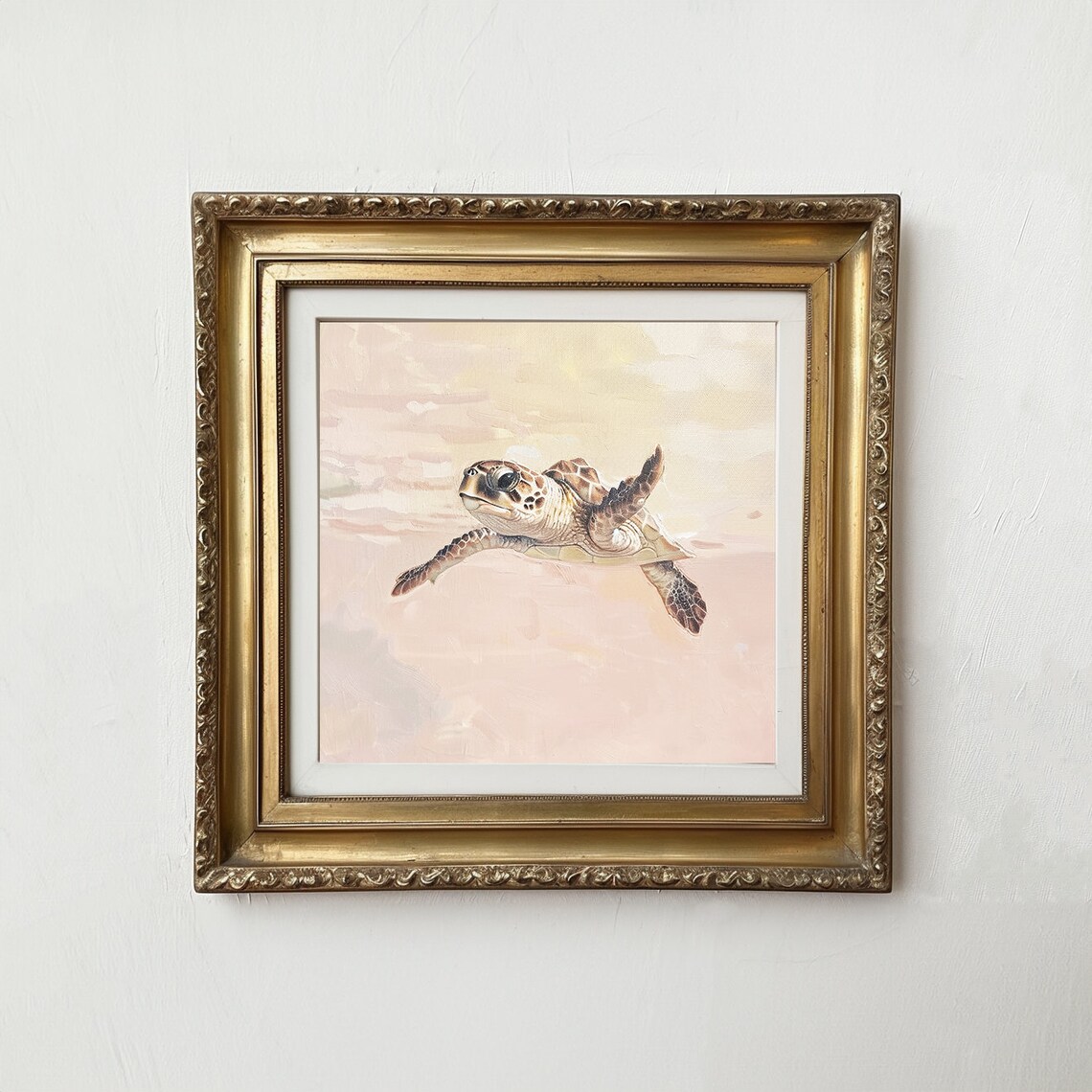 Sea Turtle Oil Painting Pastel Pink Coastal Art Print - Image 2
