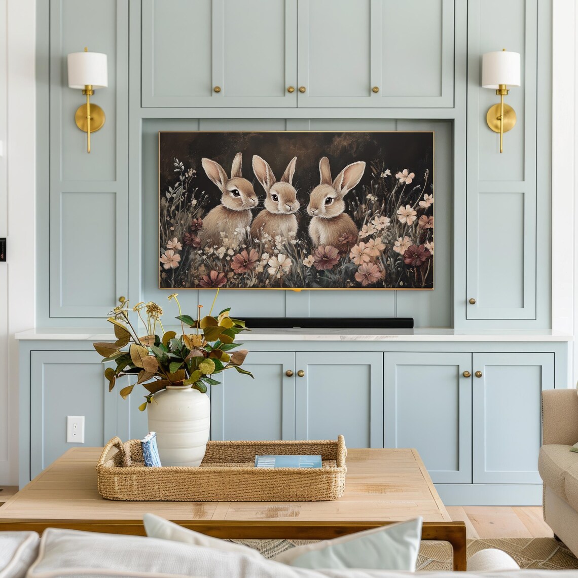 Moody Bunnies Frame Tv Art Vintage Style Wildflower Field Painting Burgundy Spring Floral Tv Art Dark Easter Bunny Screensaver Tv424 - Image 2