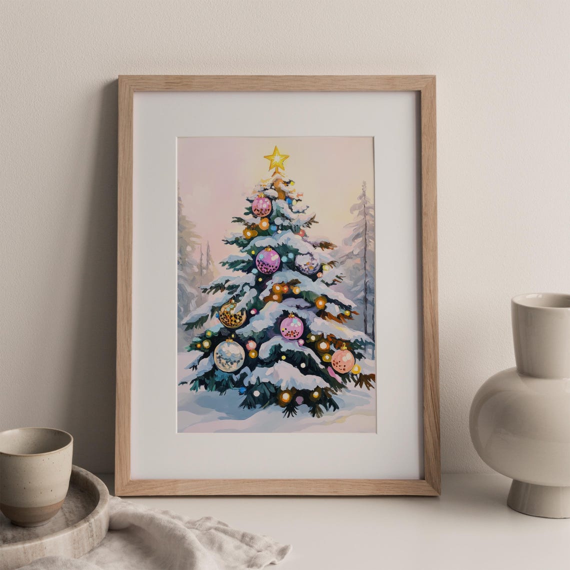 Pastel Pink Christmas Tree Disco Ball Ornaments Winter Snow Poster - Image 3