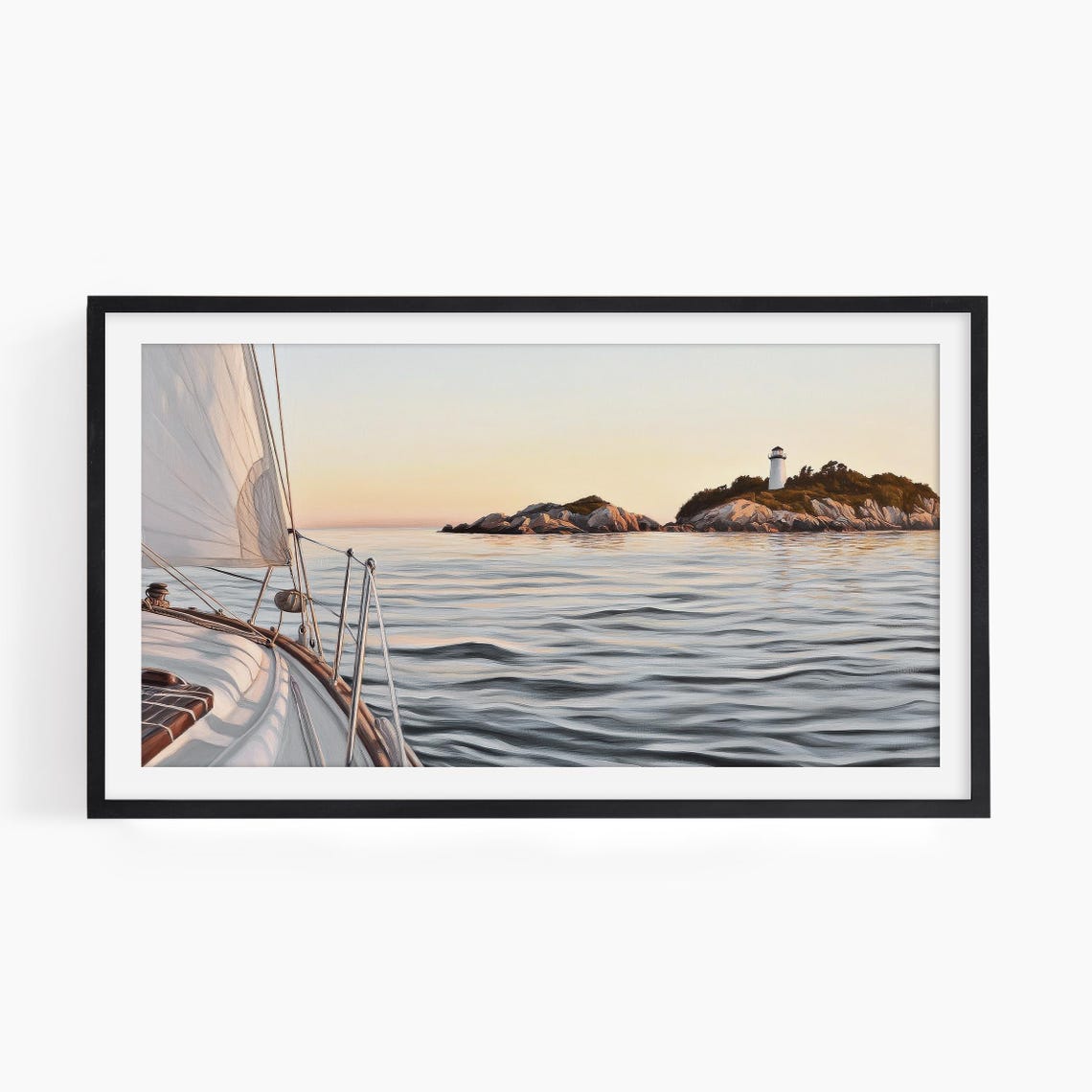 Sailboat Passing Lighthouse Island at Sunset Coastal Seascape Print - Image 3